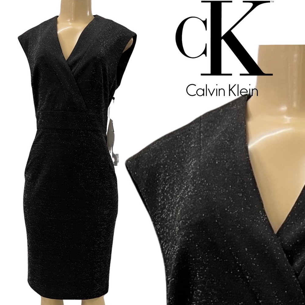 NWT $135 Calvin Klein Metallic Infused Sleeveless Knit Black Dress